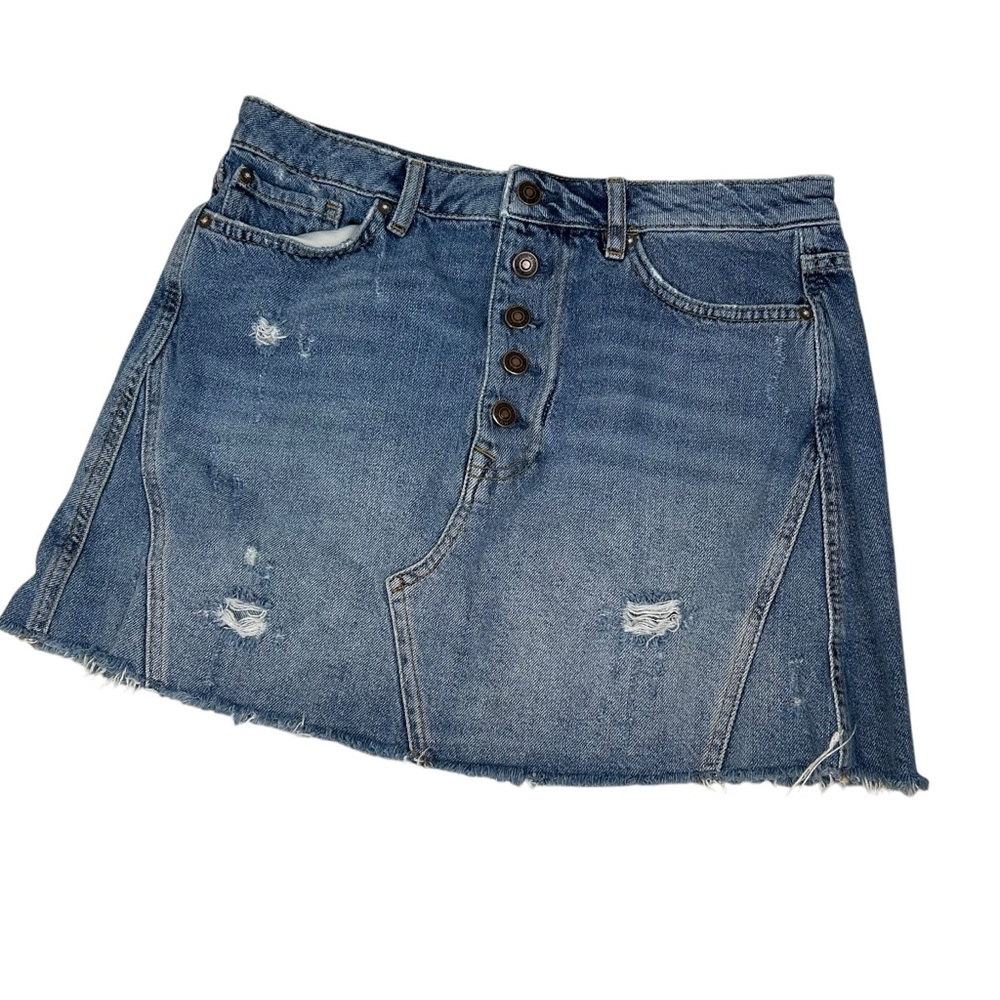 We The Free Denim Button Fly A-Line Mini Skirt Women's 31 OB826306 Distressed